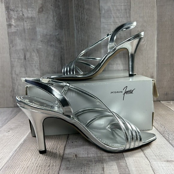Jacqueline Ferrar Women's Strappy Ankle Strap Sandals High Heels Silver Size 7.5 - Picture 1 of 13